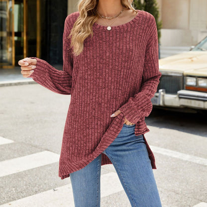 Women's Oversized Ribbed Long Sleeve Side Slit Tunic Top