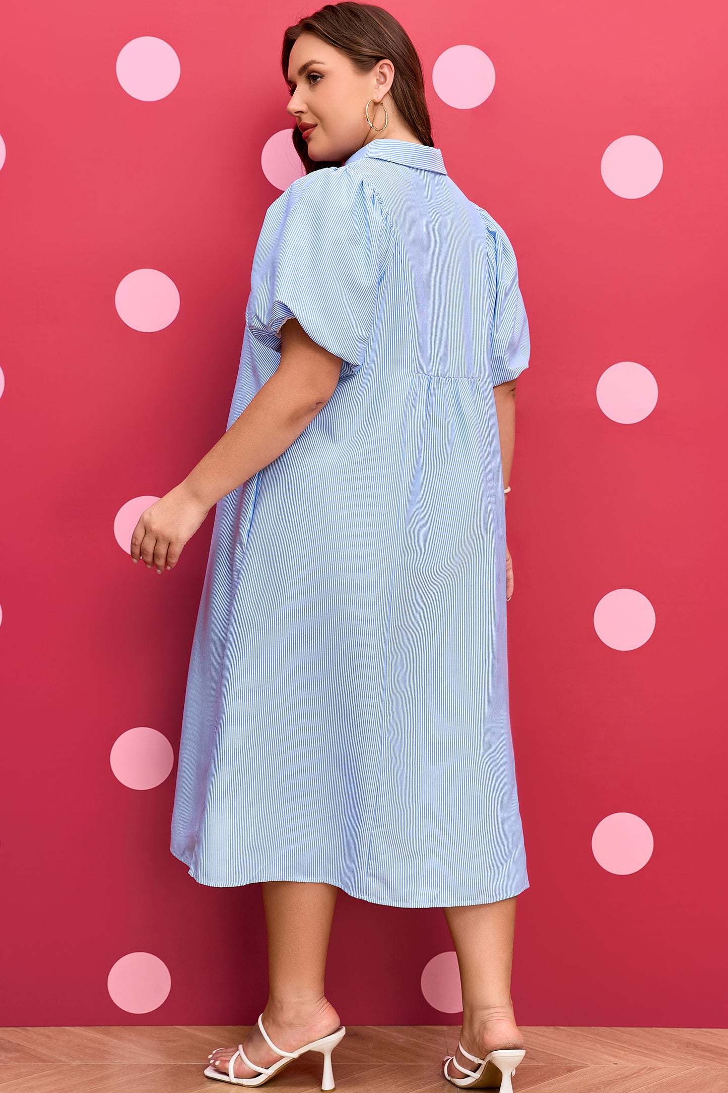 Plus Size Smocked V Neck Midi Dress Stripe Puff Sleeve