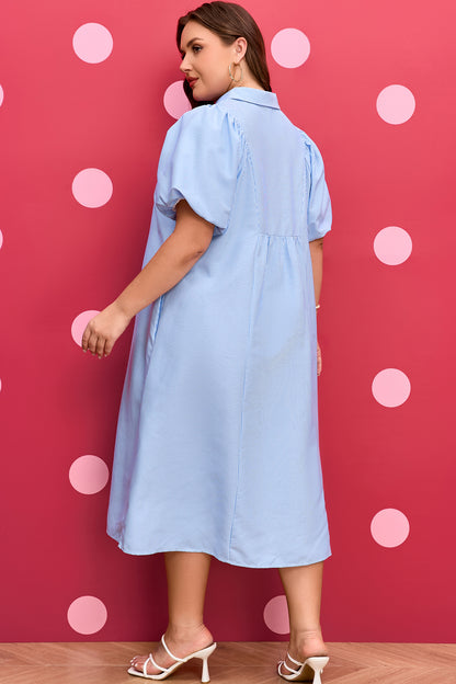 Plus Size Smocked V Neck Midi Dress Stripe Puff Sleeve