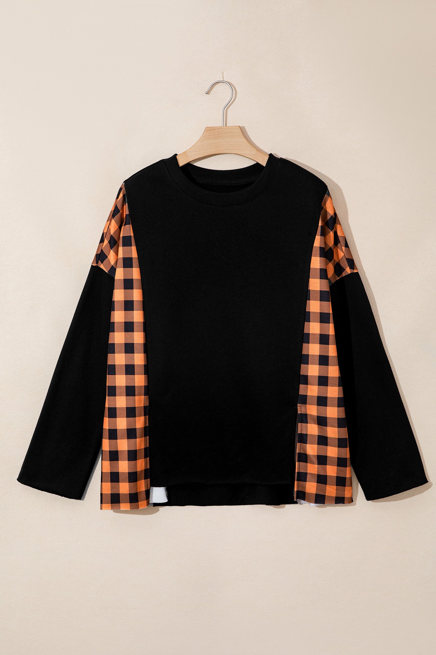 Halloween Pumpkin Face Plaid Patchwork Long Sleeve Top