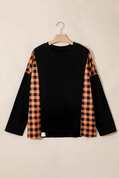 Halloween Pumpkin Face Plaid Patchwork Long Sleeve Top