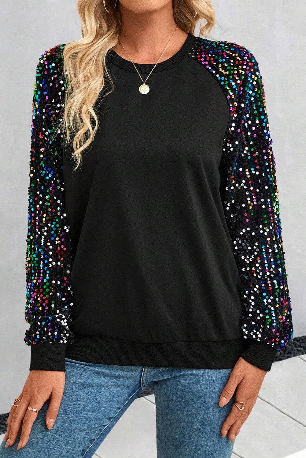 Black Sequin Raglan Sleeve Crewneck Pullover Sweatshirt