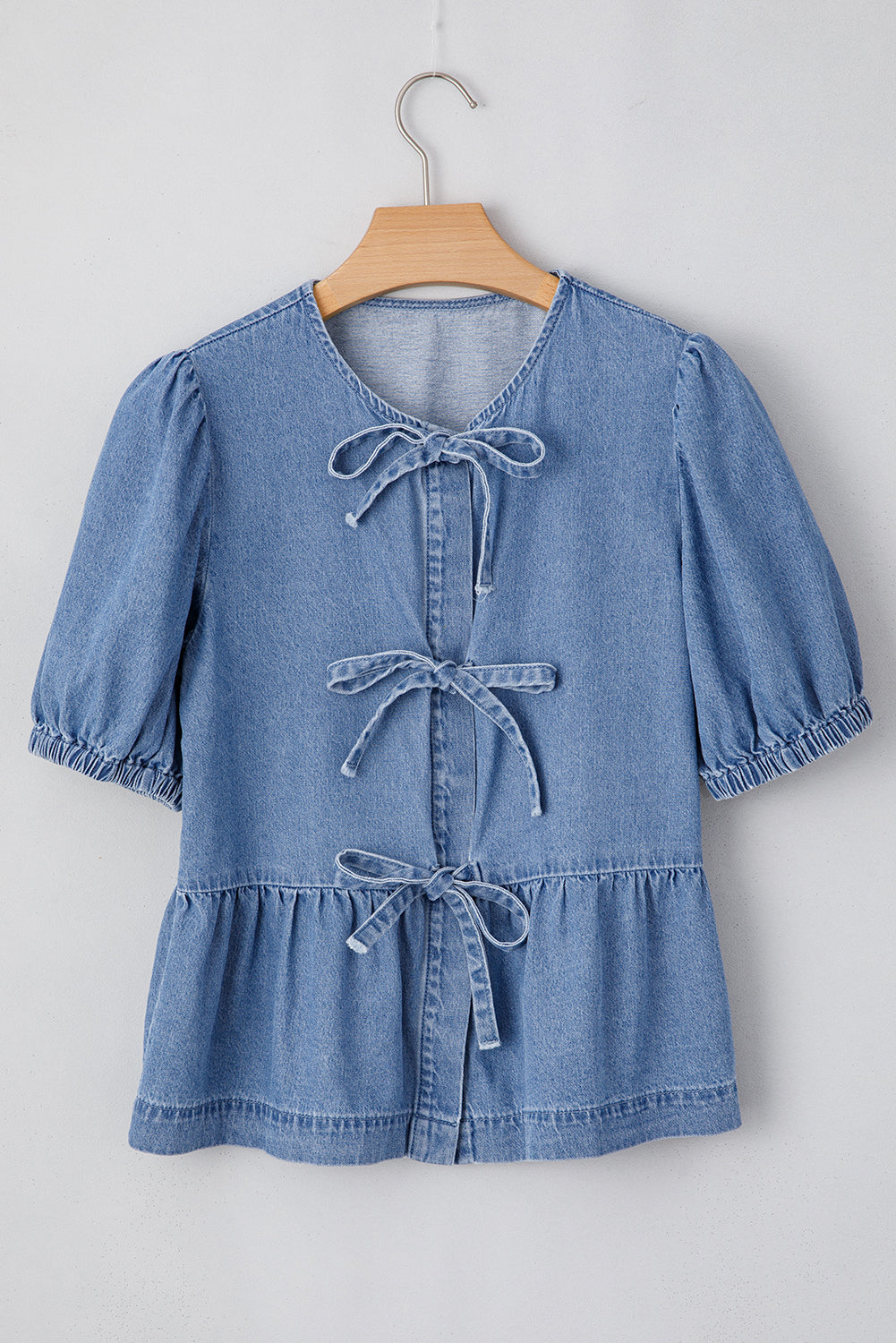 Blue Denim Tie Front Puff Sleeve Peplum Blouse