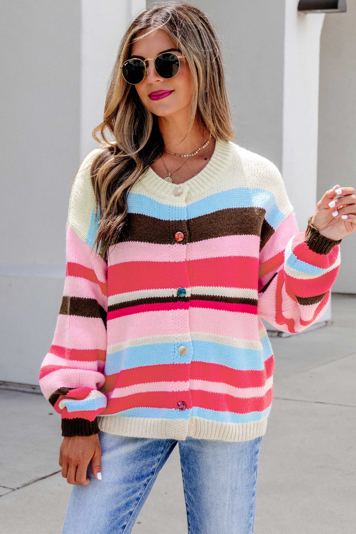 Multicolor Striped Colorblock Drop Shoulder Knit Cardigan