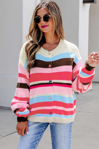 Multicolor Striped Colorblock Drop Shoulder Knit Cardigan