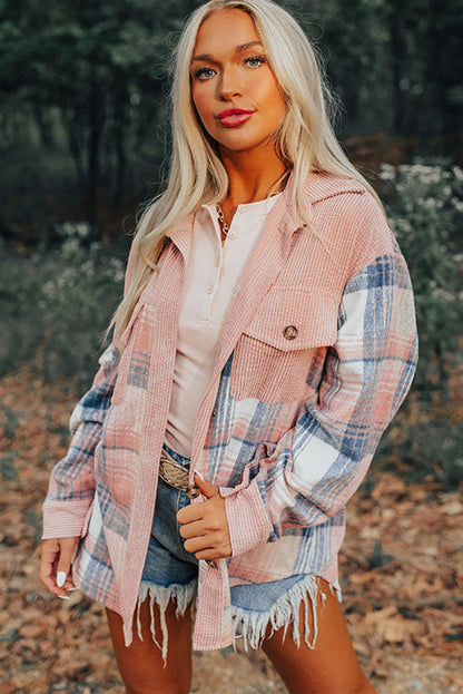 Light Pink Plaid Corduroy Patchwork Pocket Shacket