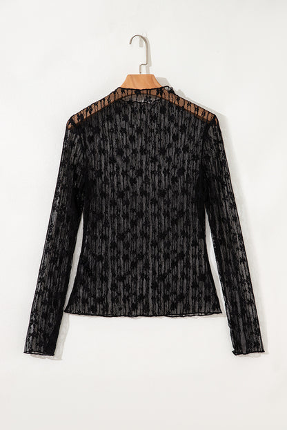 Ashleigh Blue Sheer Floral Lace Mock Neck Long Sleeve Top