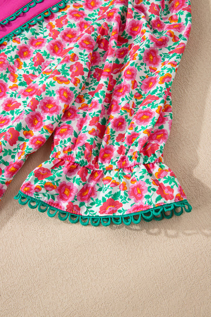 Pink Floral V Neck Puff Sleeve Mini Dress