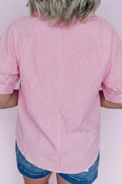 Striped V Neck Short Sleeve Casual Blouse Summer Top