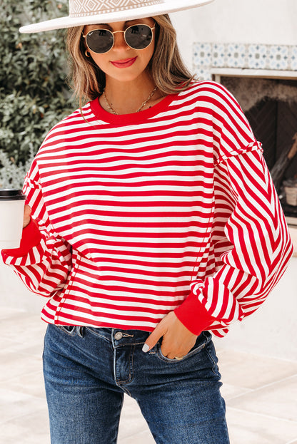 Red Stripe Oversized Pullover Exposed Seam Long Sleeve Top