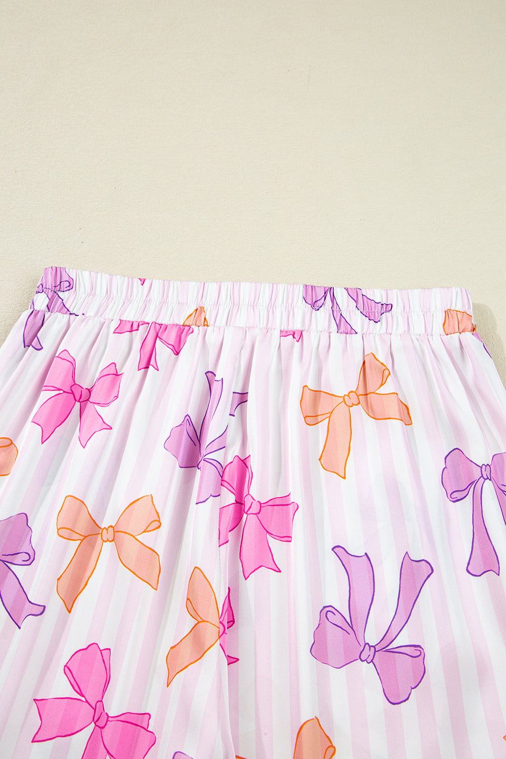 Pink Striped Bow Print Contrast Trim Pajama Set