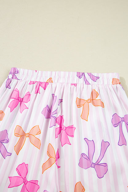 Pink Striped Bow Print Contrast Trim Pajama Set