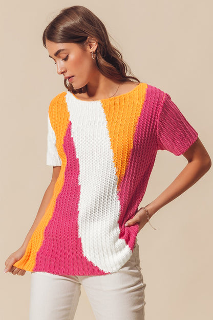 Orange Textured Knit Colorblock Short Sleeve Sweater