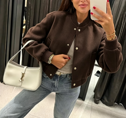 Womens Cropped Bomber Jacket Soft Casual Button Front