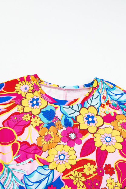Colorful Floral Print Babydoll Top with Short Sleeves