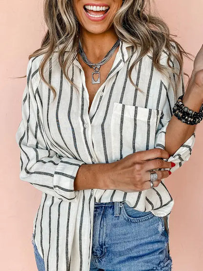 Oversized Striped Button Up Shirt with Chest Pocket