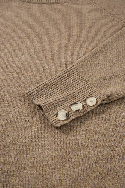 Button Cuff Bishop Sleeve Crew Neck Knit Sweater