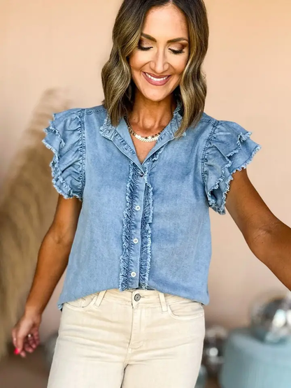 Blue Ruffle Trim Denim Top Button Front Flutter Sleeve