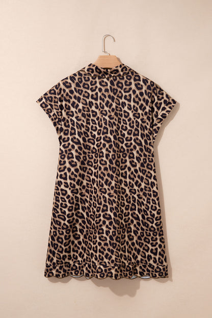 Leopard Print V Neck Mini Dress Loose Short Sleeve