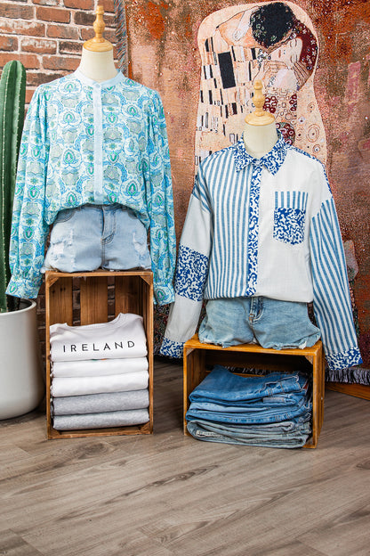 Sky Blue Leopard Striped Western Casual Shirt