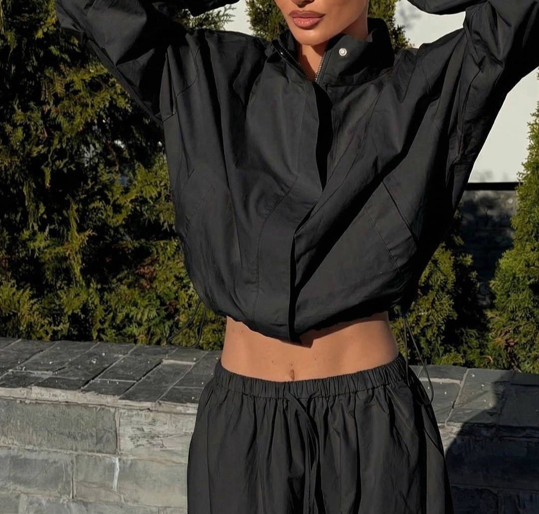 Women's Cropped Zip Jacket Wide Leg Pants Matching Set