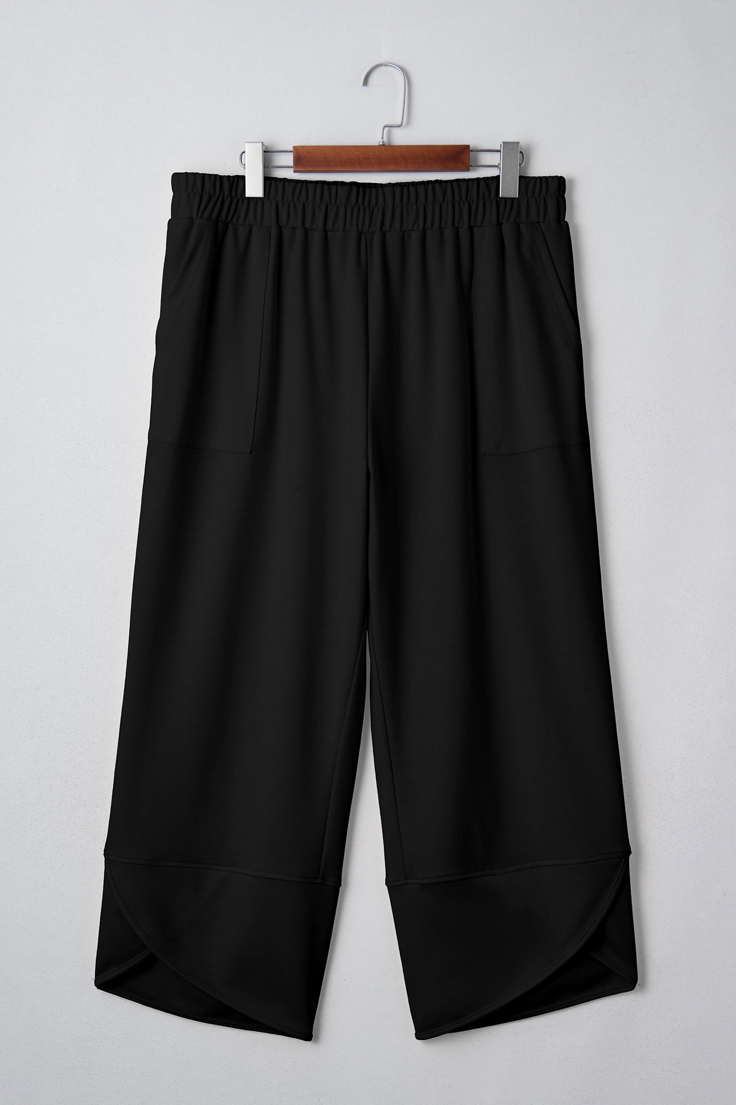 Black Plus Size Elastic Waist Asymmetrical Loose Capris Pants