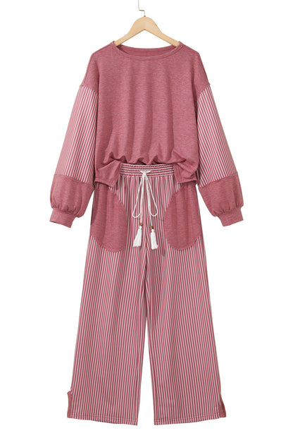 Women’s Stripe 2 Piece Lounge Set Long Sleeve Top Wide Leg Pants