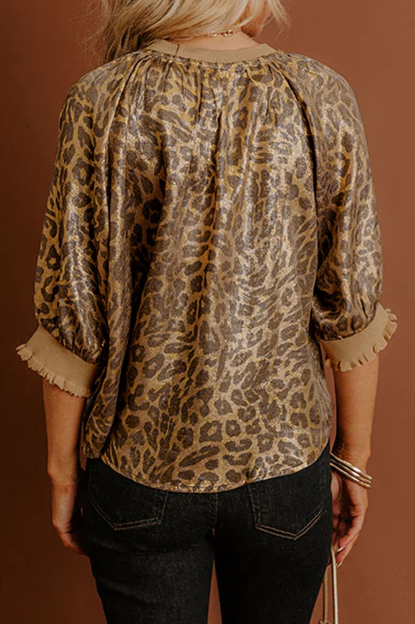 Metallic Leopard Print Puff Sleeve Blouse