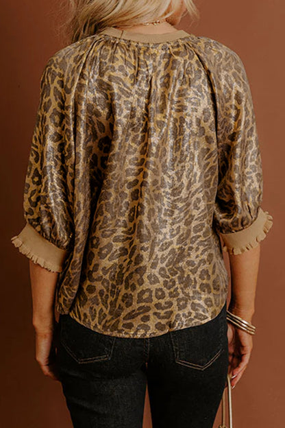 Metallic Leopard Print Puff Sleeve Blouse