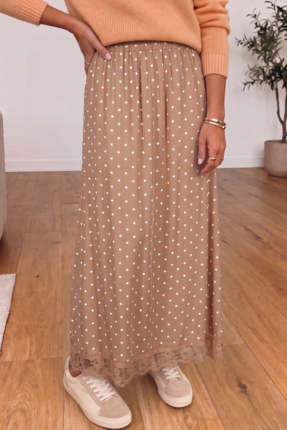 Khaki Polka Dot Lace Hem Elegant Long Shift Skirt