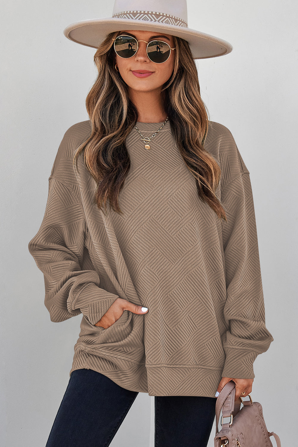 Jungle Green Solid Color Textured Round Neck Drop Shoulder Pullover Sweatshirt