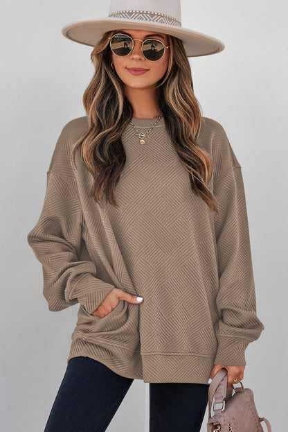 Jungle Green Solid Color Textured Round Neck Drop Shoulder Pullover Sweatshirt