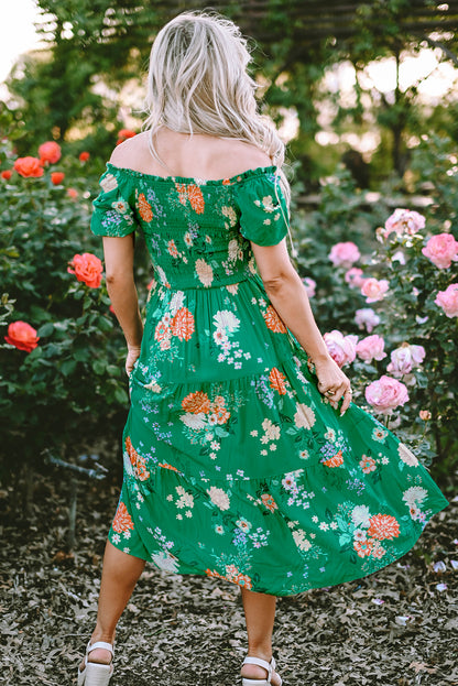 Green Floral Ruffle Sleeve Maxi Dress Summer Boho