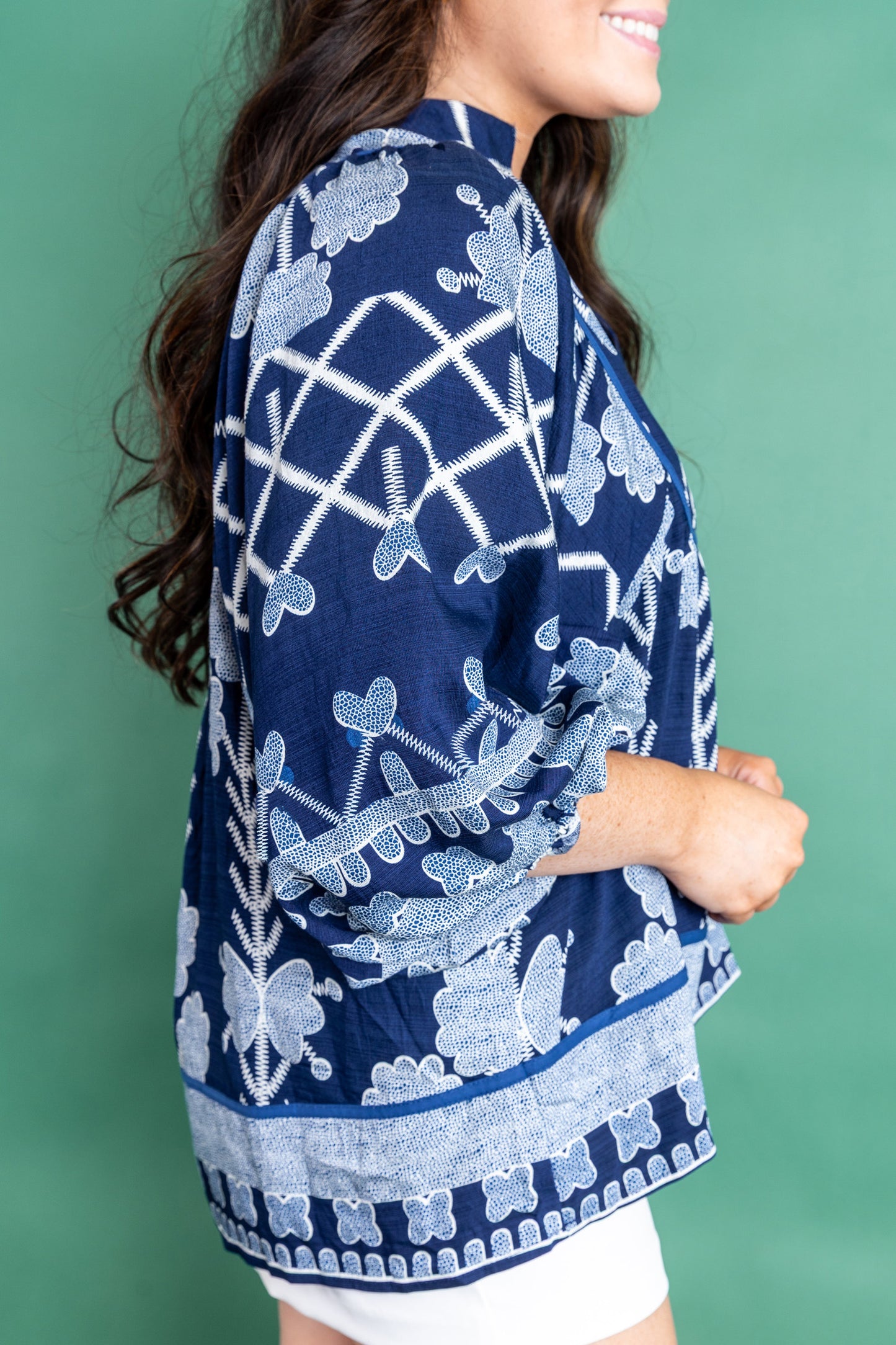 Blue Boho Print Notched V Neck Loose Fit Blouse Top