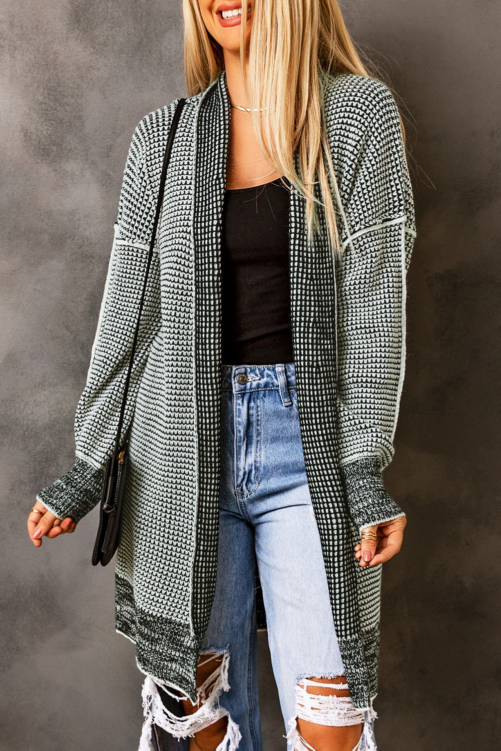 Black Plaid Knitted Long Open Front Cardigan