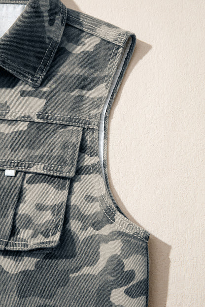 Camo Cargo Button Down Denim Vest with Utility Pockets