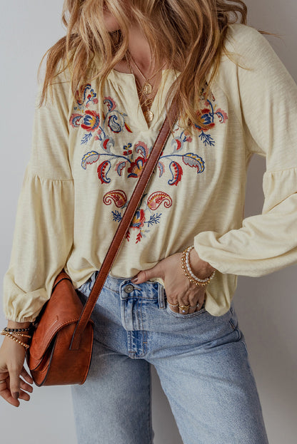 Floral Embroidered V Neck Balloon Sleeve Blouse