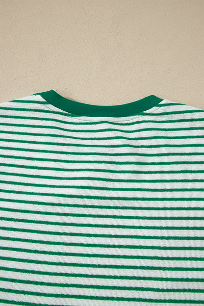 Khaki Stripe Crew Neck Tee Drawstring Waist Cropped Pants Set
