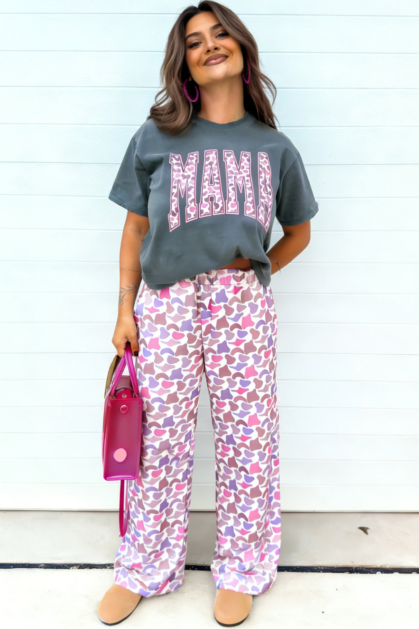 Grey MAMA Graphic Tee and Pink Camo Pants Set