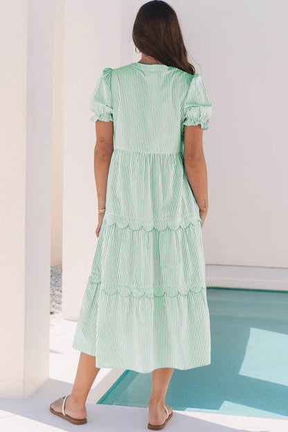 Solid Tiered Maxi Dress Puff Sleeve V Neck Casual