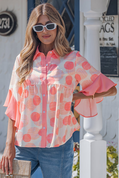 Abstract Dot Print Babydoll Top Women Ruffle Sleeve