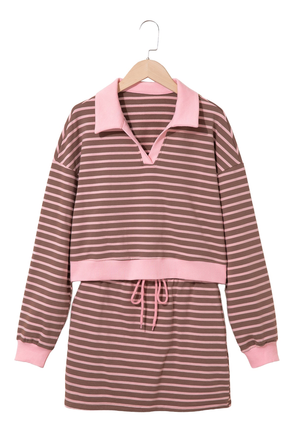 Women's Preppy Striped Collared Drawstring 2-Piece Set