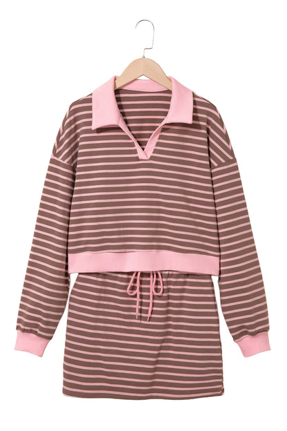 Women's Preppy Striped Collared Drawstring 2-Piece Set