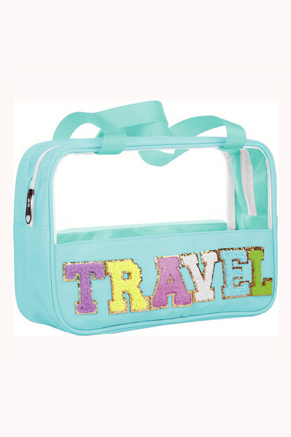 Light Pink TRAVEL Chenille Letter Clear PVC Makeup Bag