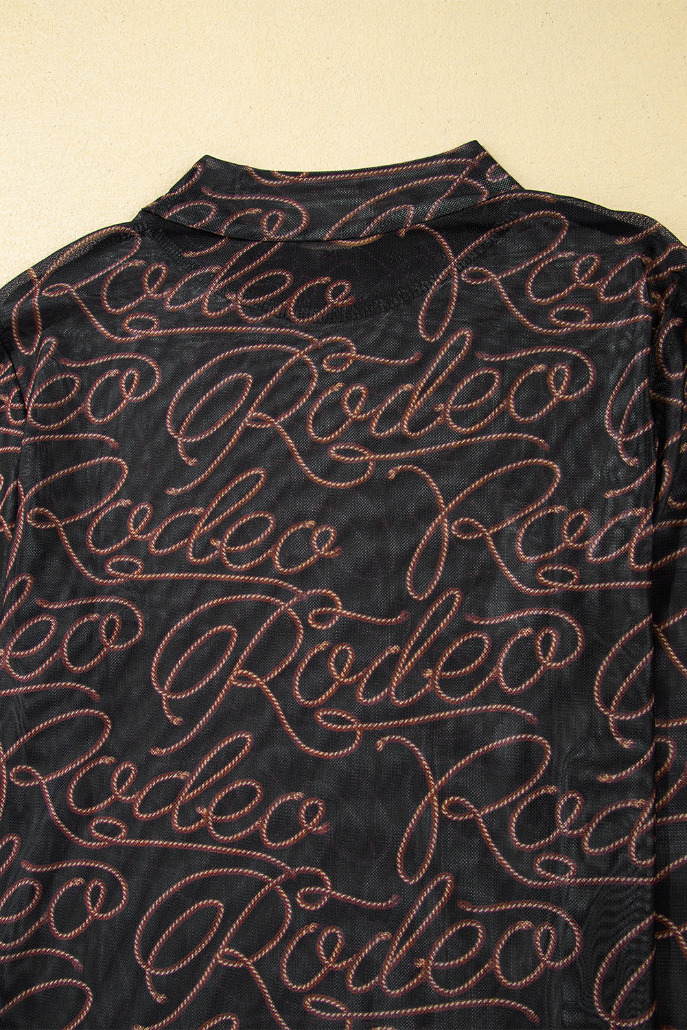 Black Western Rodeo Print Mesh Mock Neck Top