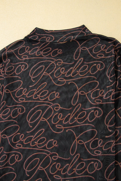 Black Western Rodeo Print Mesh Mock Neck Top