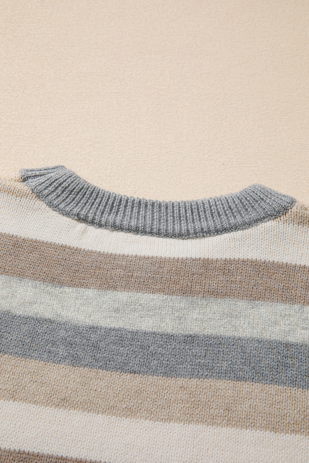 Gray Stripe Color Block Ribbed Edge Round Neck Sweater