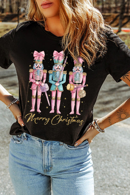 Black Merry Christmas Printed Crewneck T Shirt