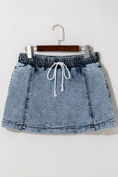 Dusk Blue Denim Skort Elastic Waist Drawstring Shorts