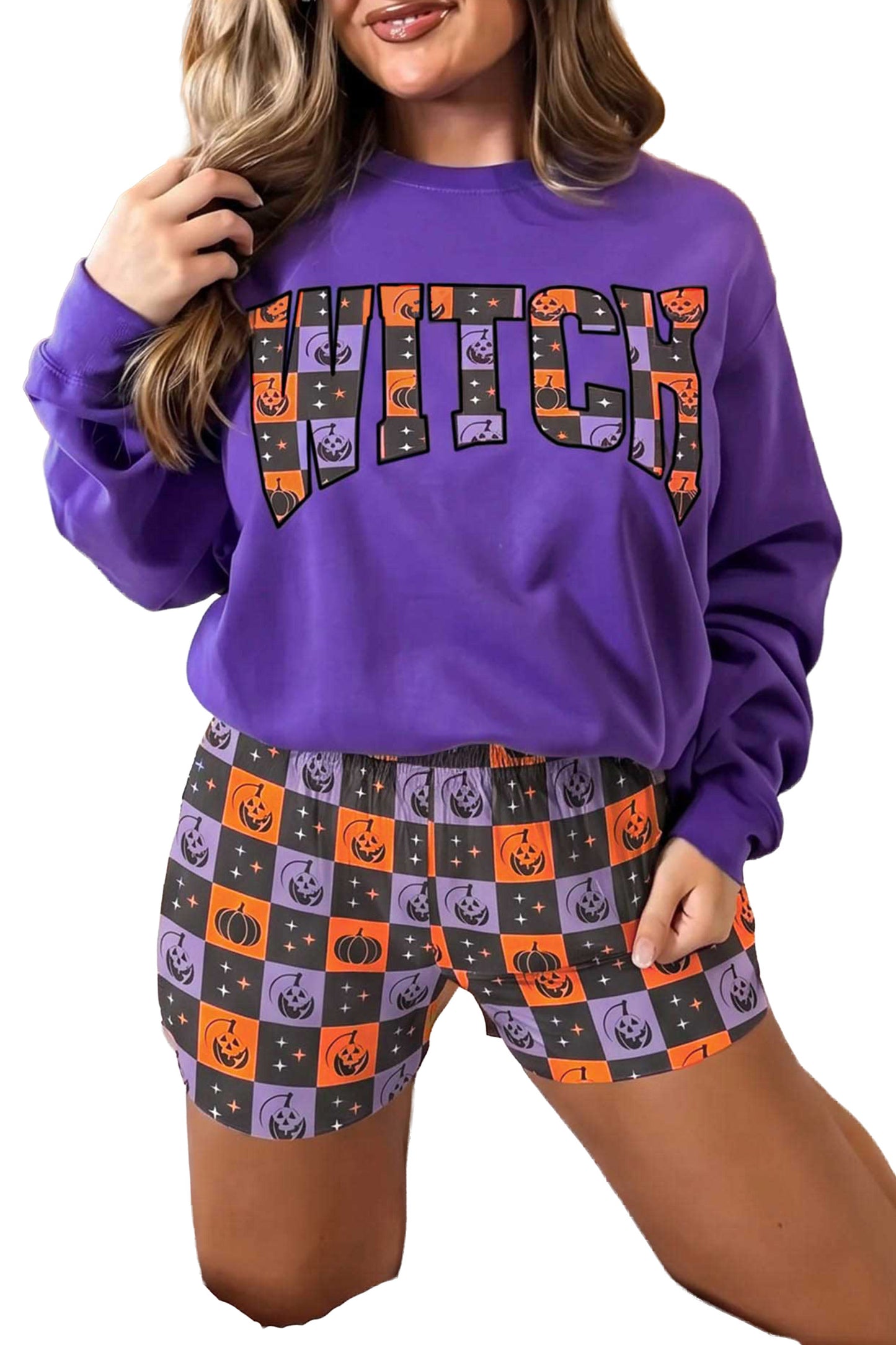 Halloween Witch Graphic Checkerboard Shorts Set
